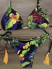 Bikini-Badeanzug mit Blumenmuster, Rüschen, Bandage, Dreiecken und Schlitz 