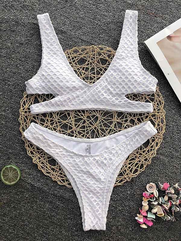 Solid Color Gauze Tiered Hollow Split Bikini Swimsuit