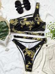 One-Shoulder Hollow Printed Bikini Swimwear