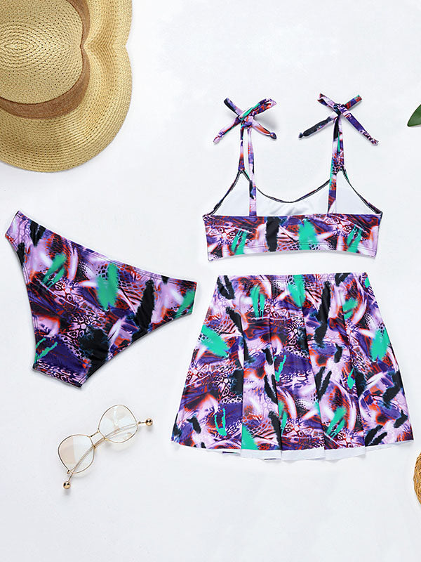 Tie-Dyed Sleeveless Split Bikini Swimsuit+Apron Three-Piece Set