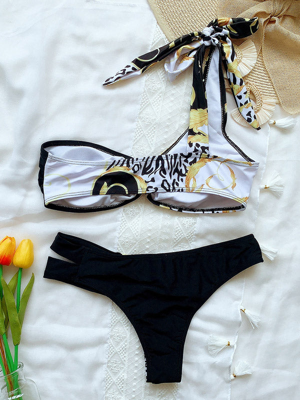 Leopard Print Split-Joint Asymmetric Split Bikini Swimsuit