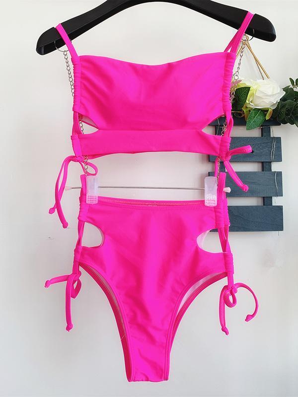 Solid Color Hollow Bandage Split Bikini Swimsuit