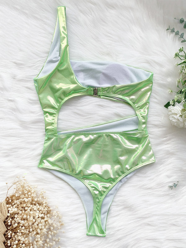 One-Sholuder Belly-Hollow Solid Color One-Piece Swimwear