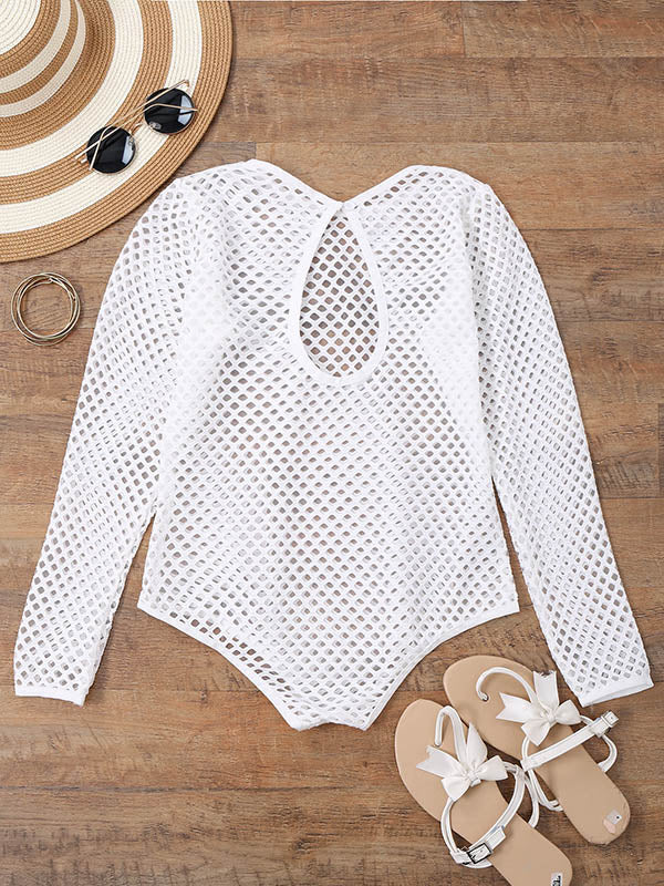 Sexy Hollow Net Yarn Long Sleeve One-Piece Swimwear Cover-Ups Tops