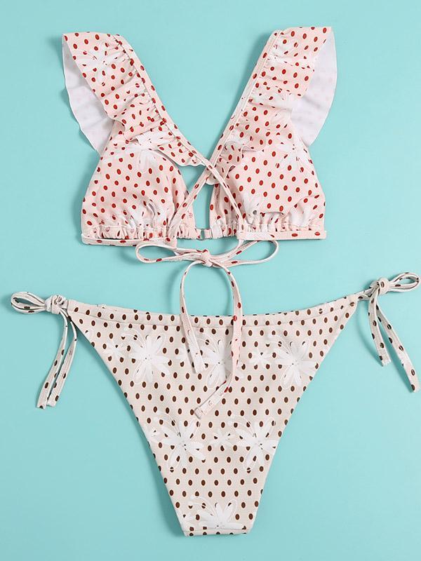 Polka-Dot Printed Flared Sleeves Triangles Backless Split Bikini Swimsuit