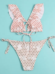 Polka-Dot Printed Flared Sleeves Triangles Backless Split Bikini Swimsuit