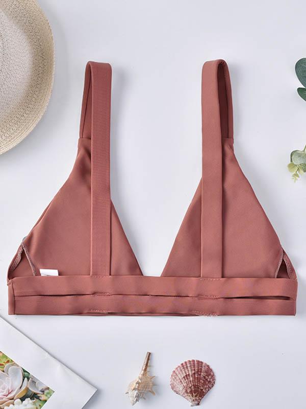 Solid Color Deep V-Neck Bikini Top Swimwear