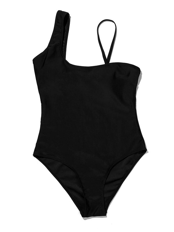 Solid Color Asymmetric Spaghetti-Neck One-Piece Swimwear