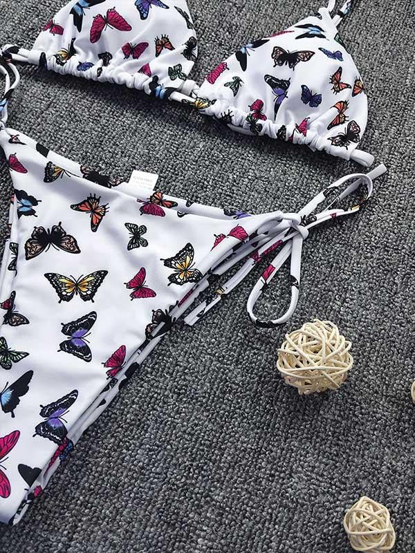 Floral-Print Triangles Bandage Split Bikini Swimsuit