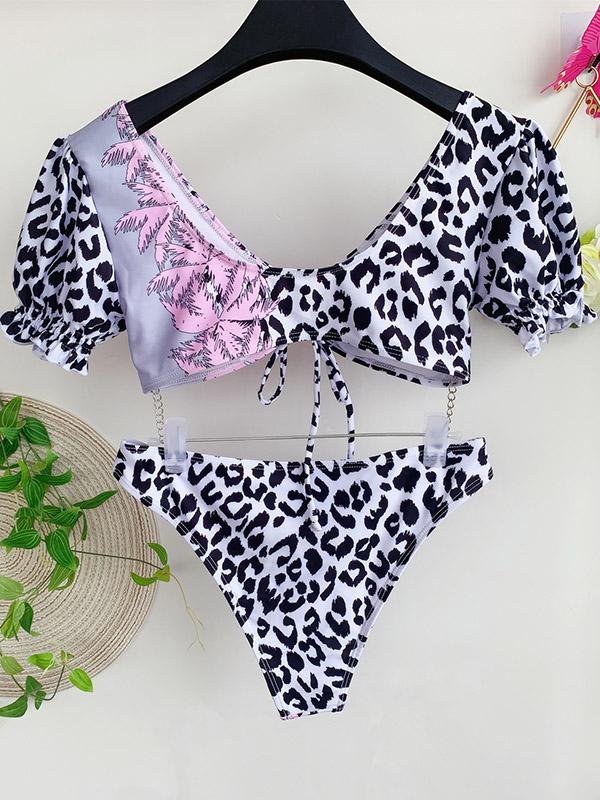 Asymmetric Leopard Print  Puff Sleeves Embellished Split Tankini Swimsuit