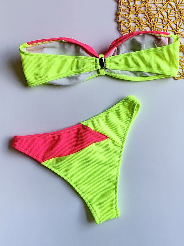 Strapless Color-Block Bandeau Hipster Backless Bikini Swimwear