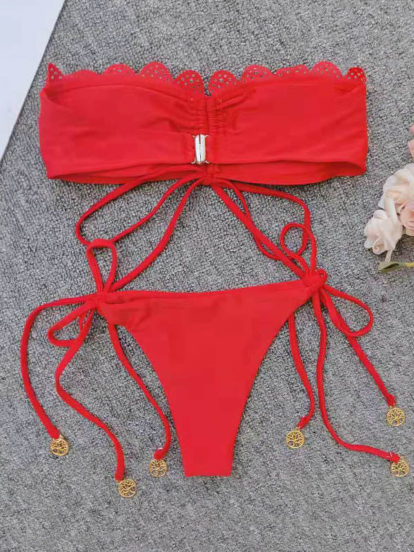 Solid Color Lace-Up Drawstring Bandeau Tie Side Bikini Swimwear