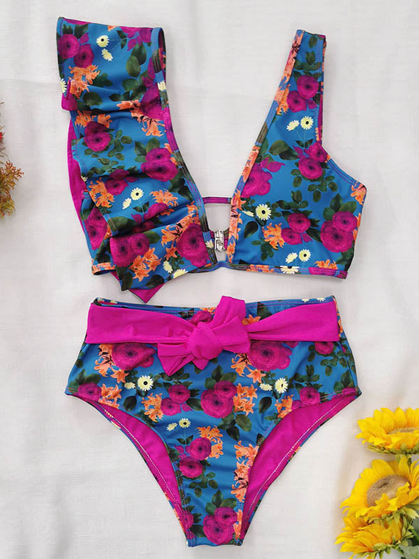 Floral Falbala Asymmetric Bikini Swimsuit