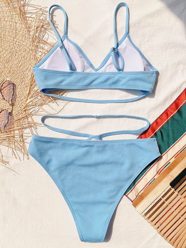 Solid Color Bralette Hollow High-Waisted Bikini Swimwear