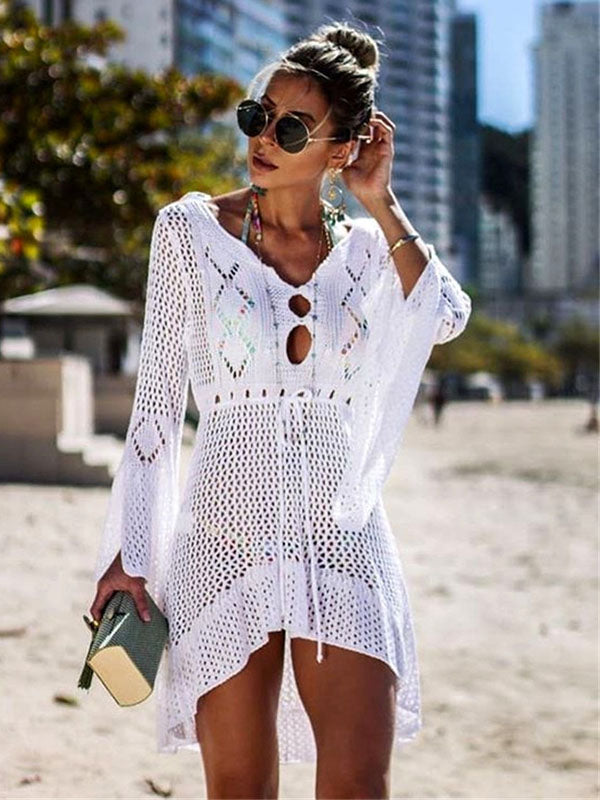 Flared Sleeves Crochet Swimwear Cover-Ups