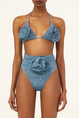 Akiyu Blue 3D Flower Denim Bikini Set