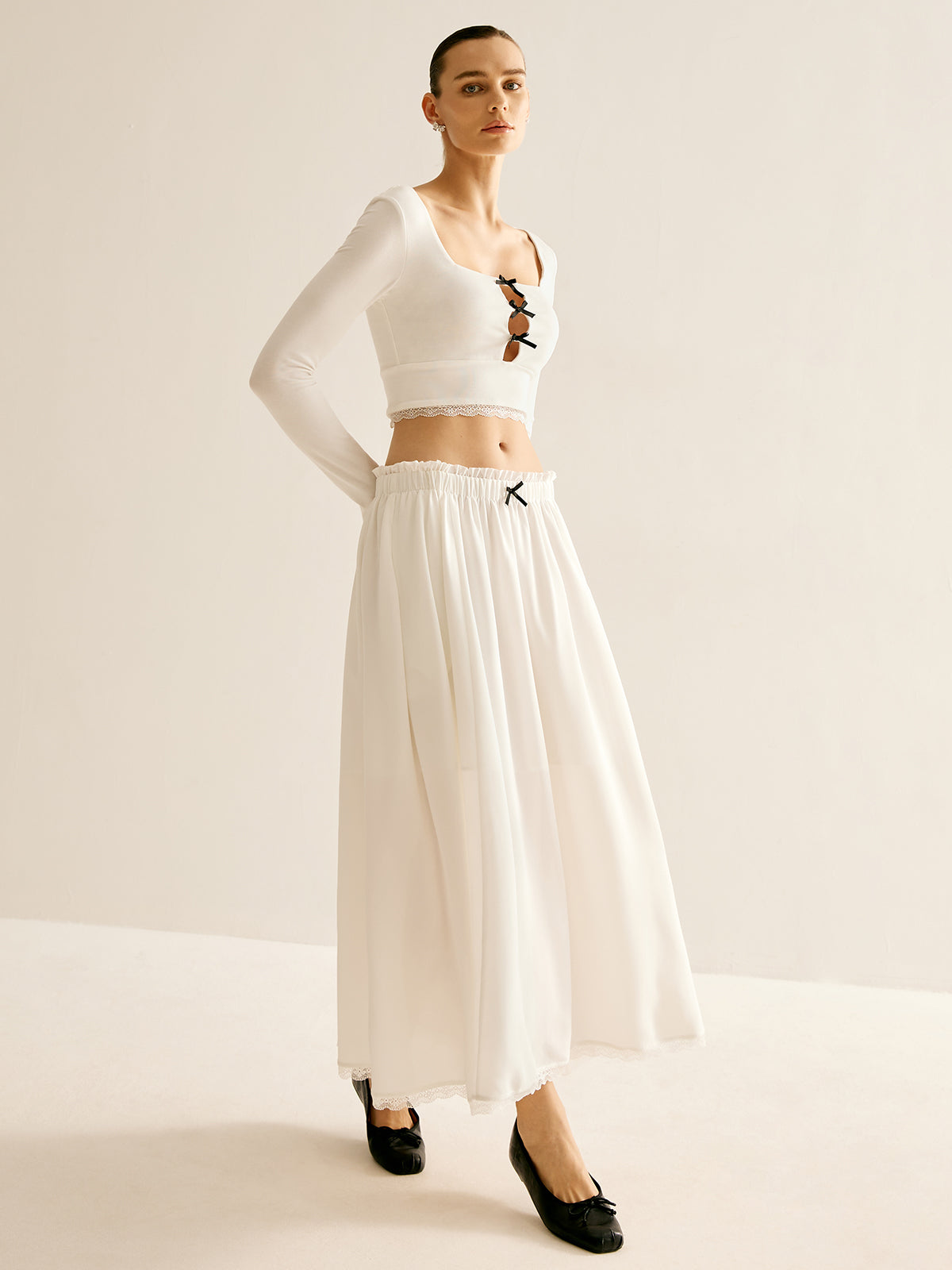 Lace Trim Cutout Pleated Skirt Set