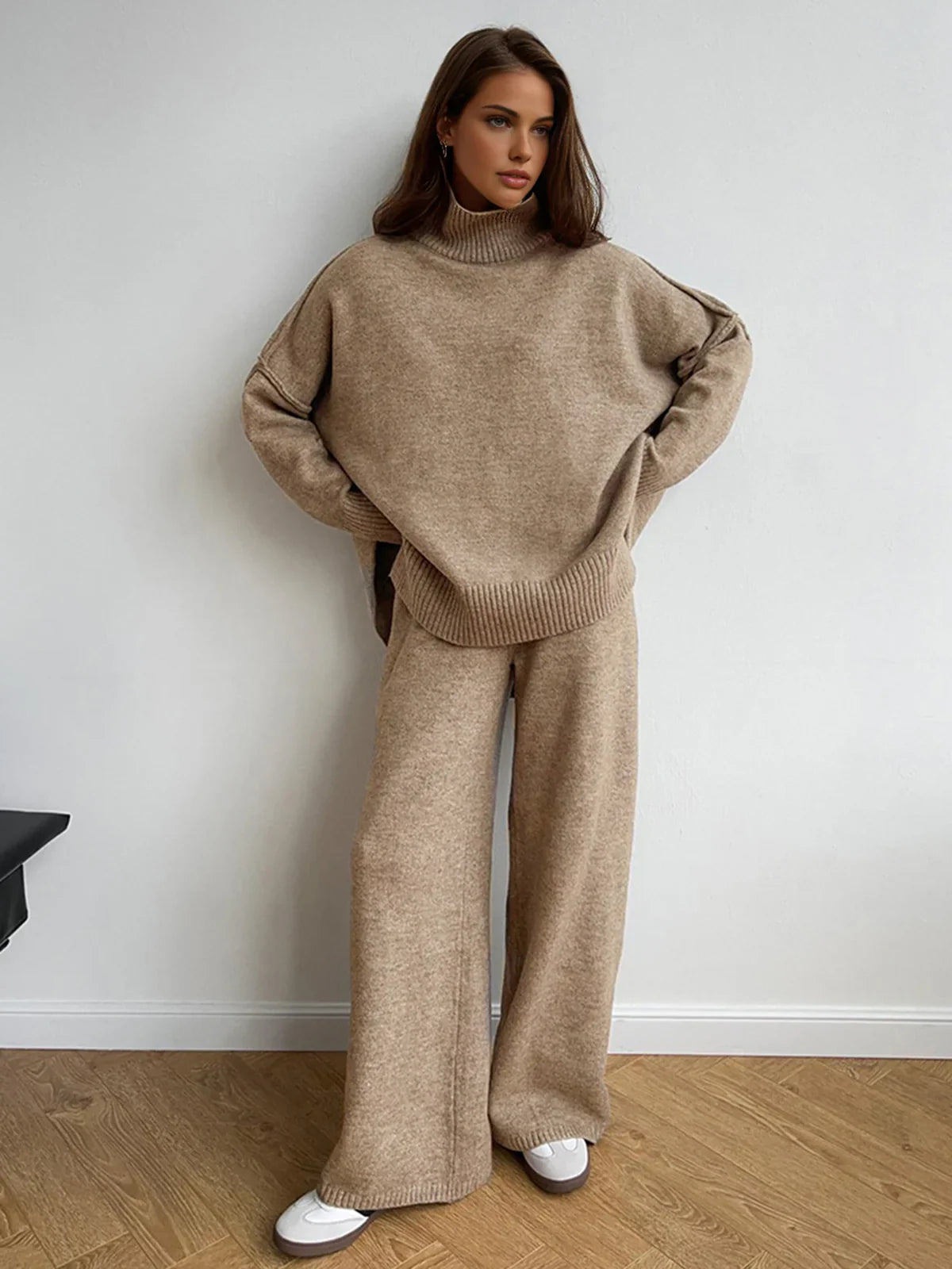 Plain Turtleneck Knit and Pants Set