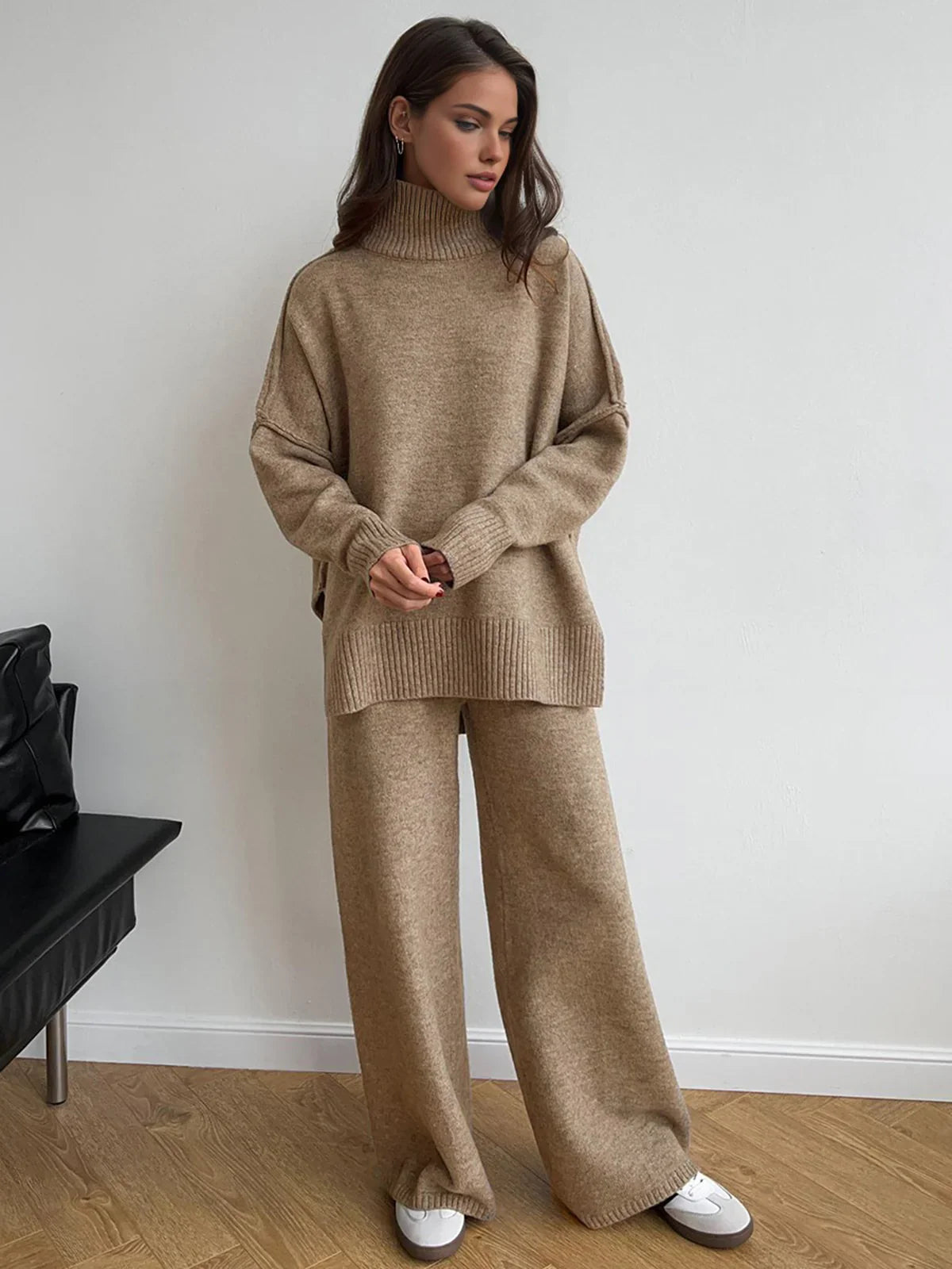 Plain Turtleneck Knit and Pants Set