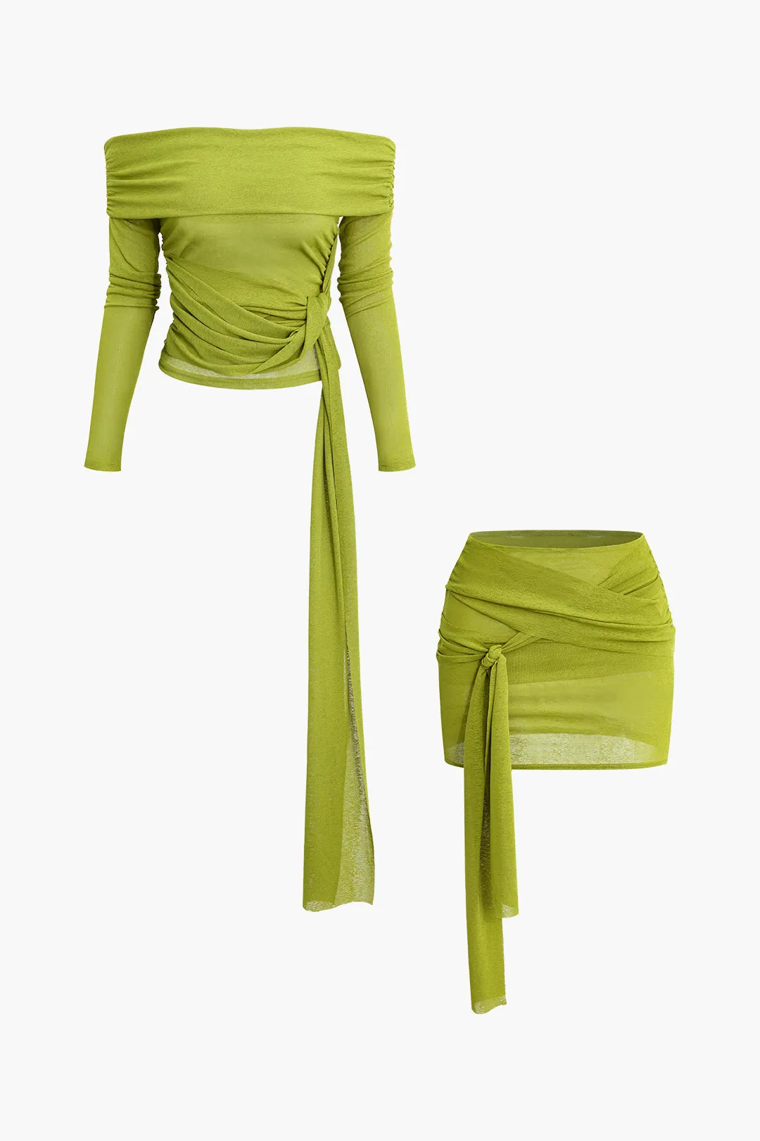 Bianca Green Knot Ruched Off Shoulder Long Sleeve Top And Mini Skirt Set