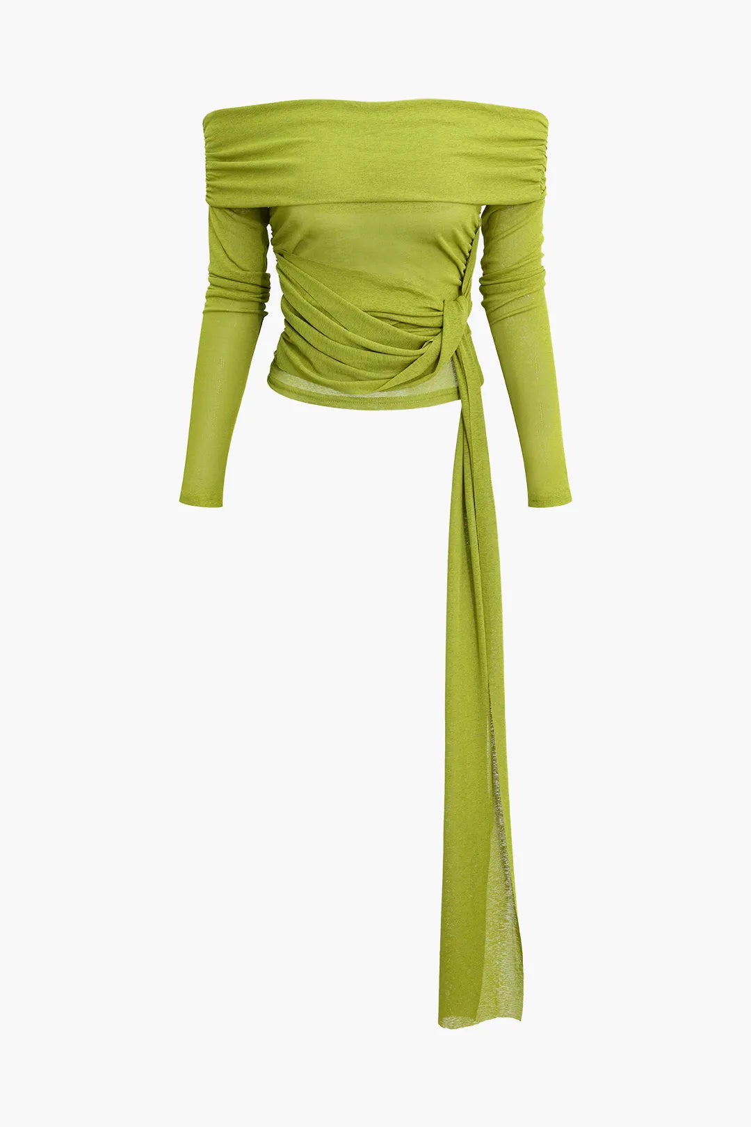 Bianca Green Knot Ruched Off Shoulder Long Sleeve Top And Mini Skirt Set