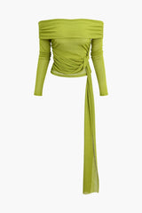 Bianca Green Knot Ruched Off Shoulder Long Sleeve Top And Mini Skirt Set