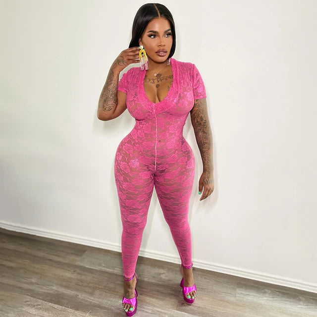 2024 Summer Women Short Sleeve V Neck Mesh Jumpsuit Sexy See Through Rose Red Lace Skinny One Piece Streetwear Jumpsuit