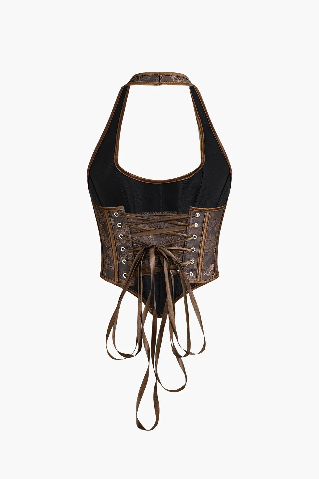 Ceridwen Brown Jacquard Eyelet Tie Halter Corset Top