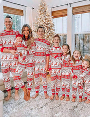 Red Reindeer Print Stitching Christmas Family Pajamas Set