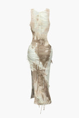 Cynthia Beige and Brown Tie Dye Distressed Cut Out Slit Maxi Dress