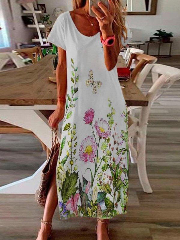 Casual Short Sleeve Scoop Neckline Floral Dresses