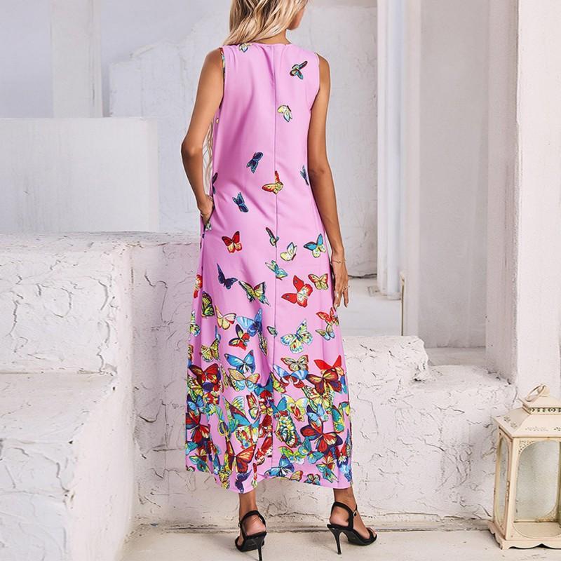 Women V-neck Fashion Butterfly Print Sleeveless Dress