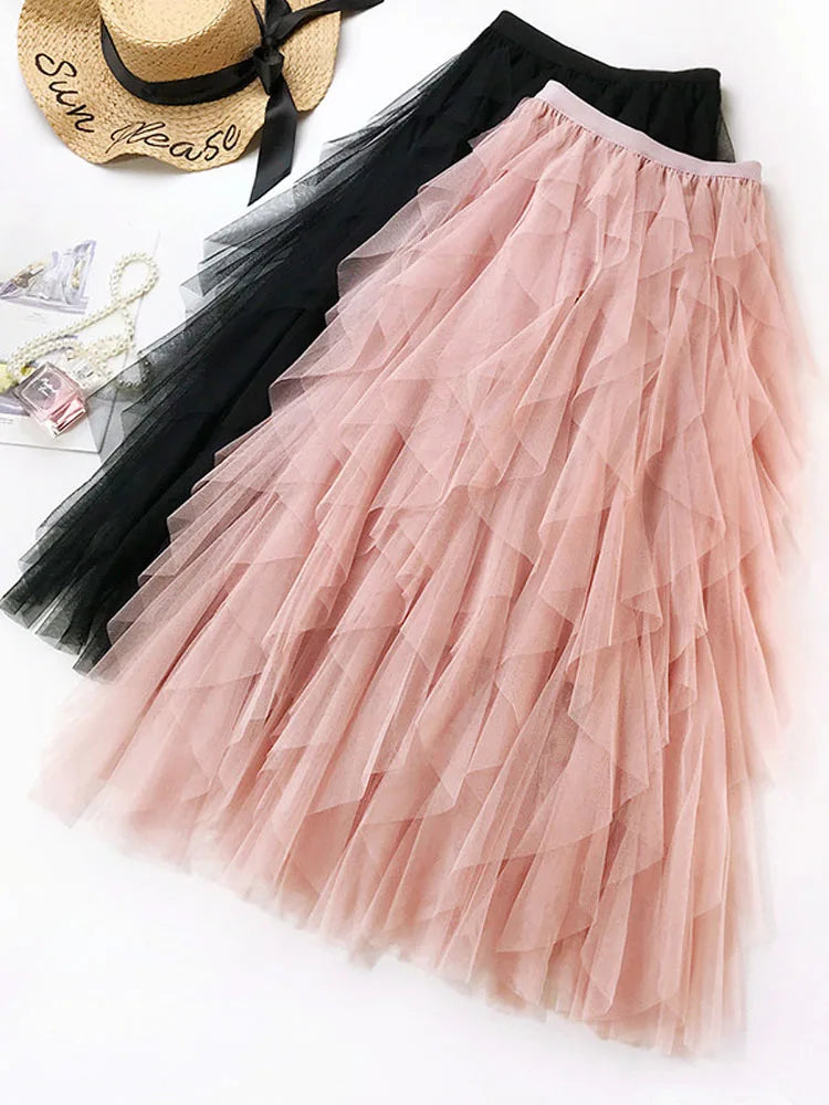 Mode Tutu Tüll Rock Frauen Lange Maxi Rock 2024 Frühling Sommer Koreanische Schwarz Rosa Hohe Taille Gefaltete Rock Weibliche 