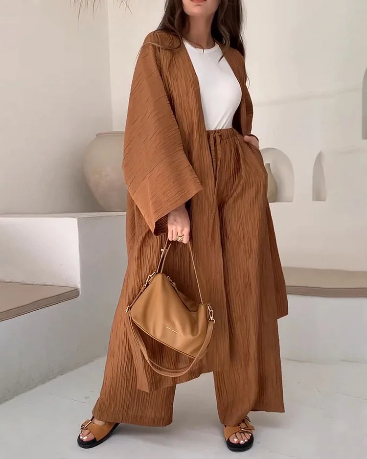 Fashionable Long Slit Cardigan Casual Two-piece Set