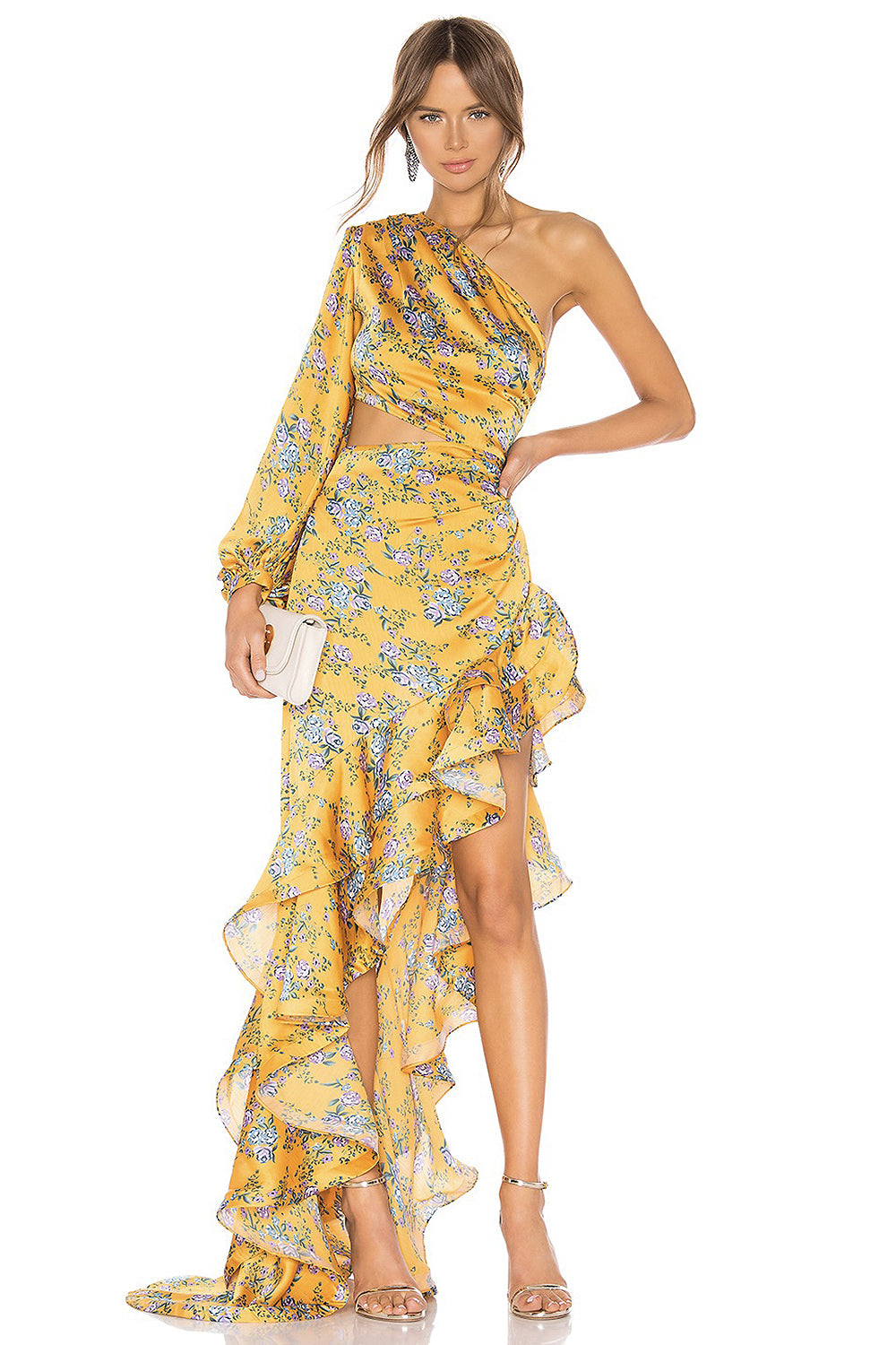 Floral Slanted Shoulder Long Sleeve Ruffle Irregular Maxi Dress