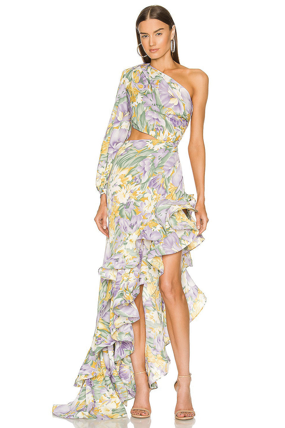 Floral Slanted Shoulder Long Sleeve Ruffle Irregular Maxi Dress