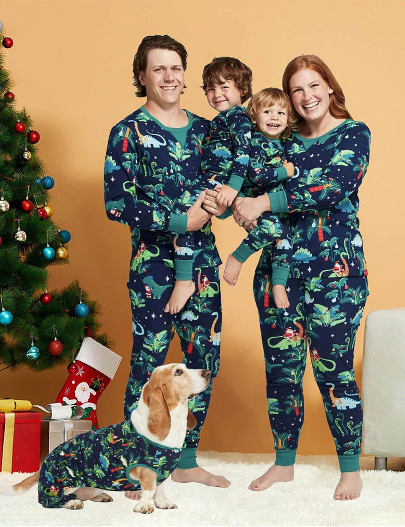 Passende Pyjama-Sets für die ganze Familie mit Weihnachts-Dinosaurier-Muster (mit Hundekleidung) 