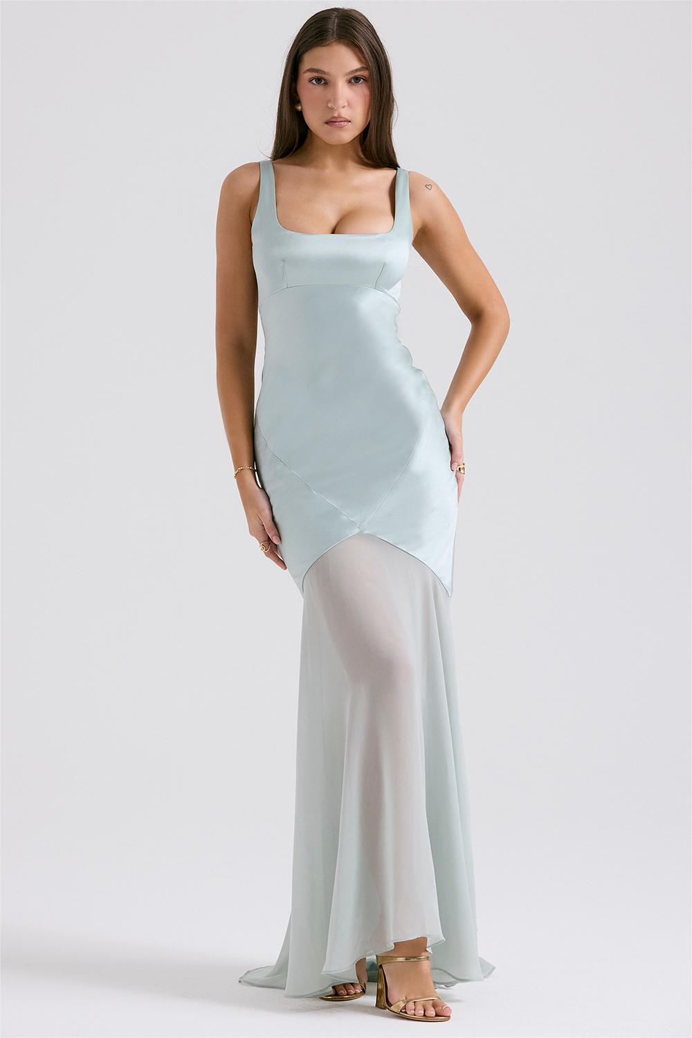 Solid Satin Mesh Sleeveless Maxi Dress