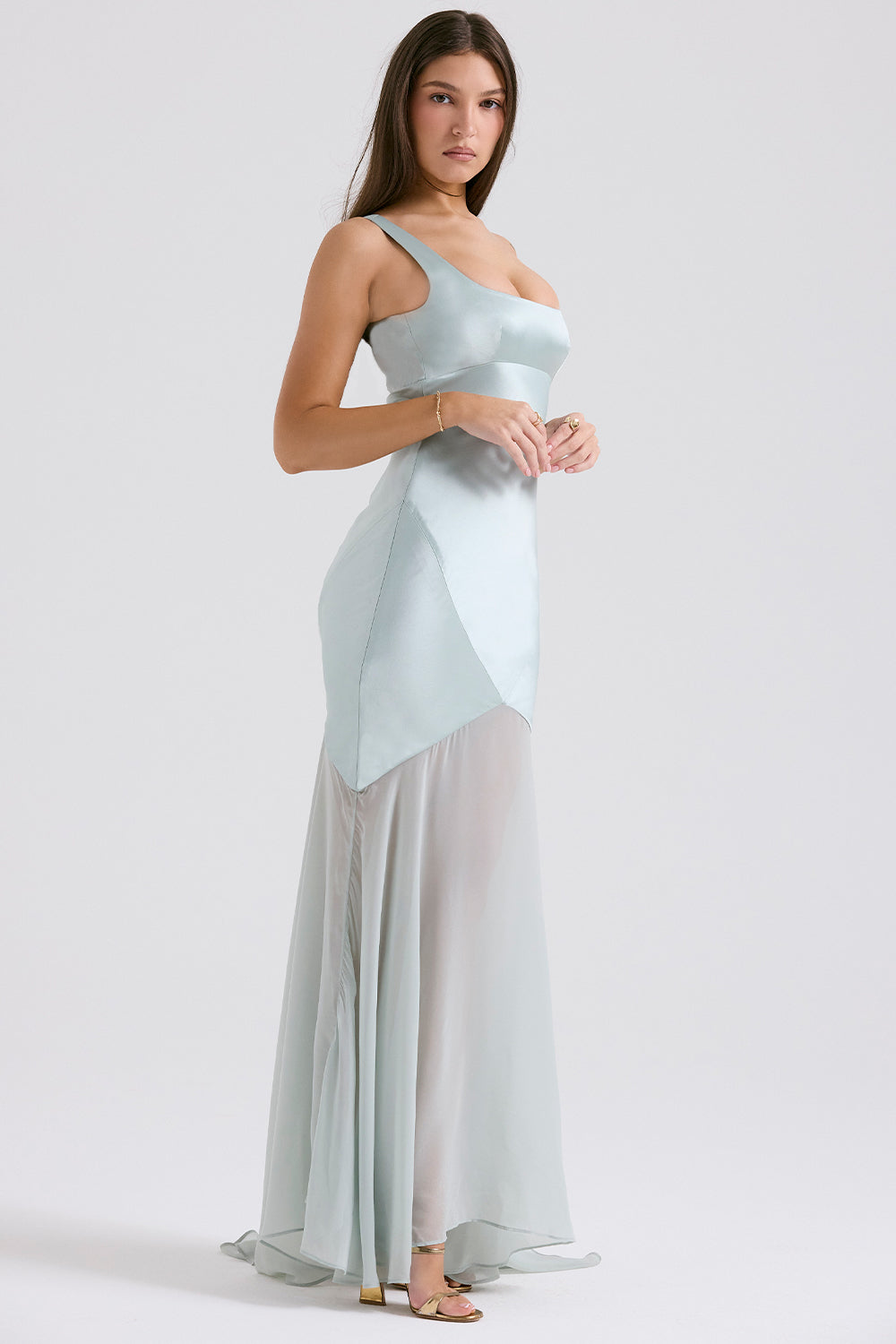 Solid Satin Mesh Sleeveless Maxi Dress