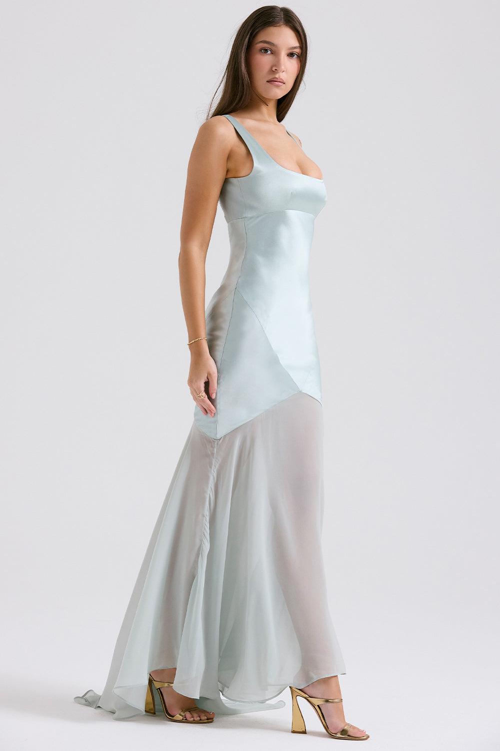 Solid Satin Mesh Sleeveless Maxi Dress