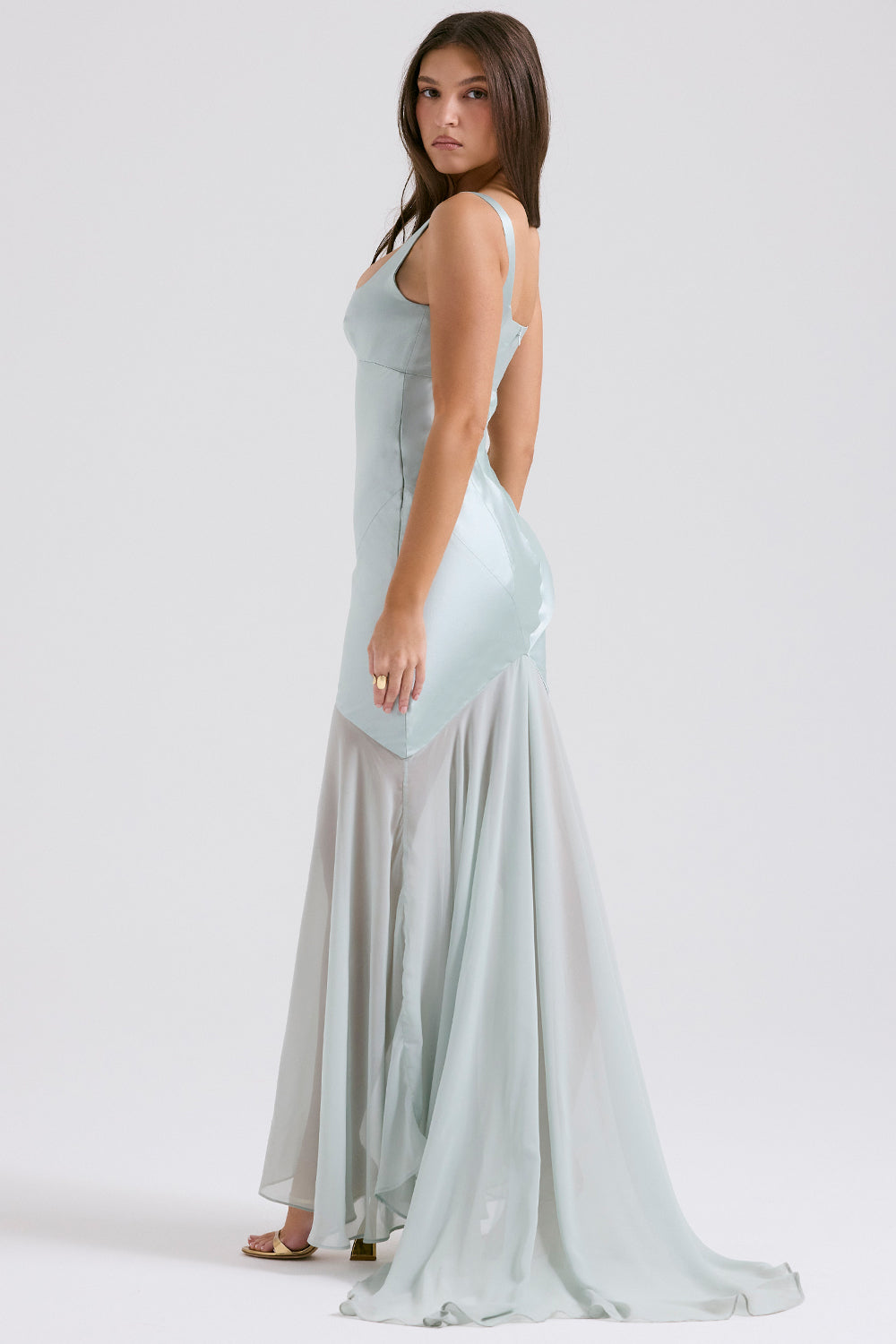 Solid Satin Mesh Sleeveless Maxi Dress