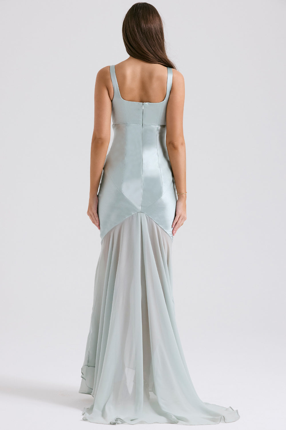 Solid Satin Mesh Sleeveless Maxi Dress