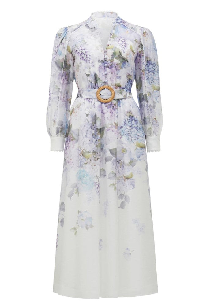 Lace Floral Button Long Sleeve Maxi Dress With Belt