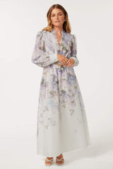 Lace Floral Button Long Sleeve Maxi Dress With Belt