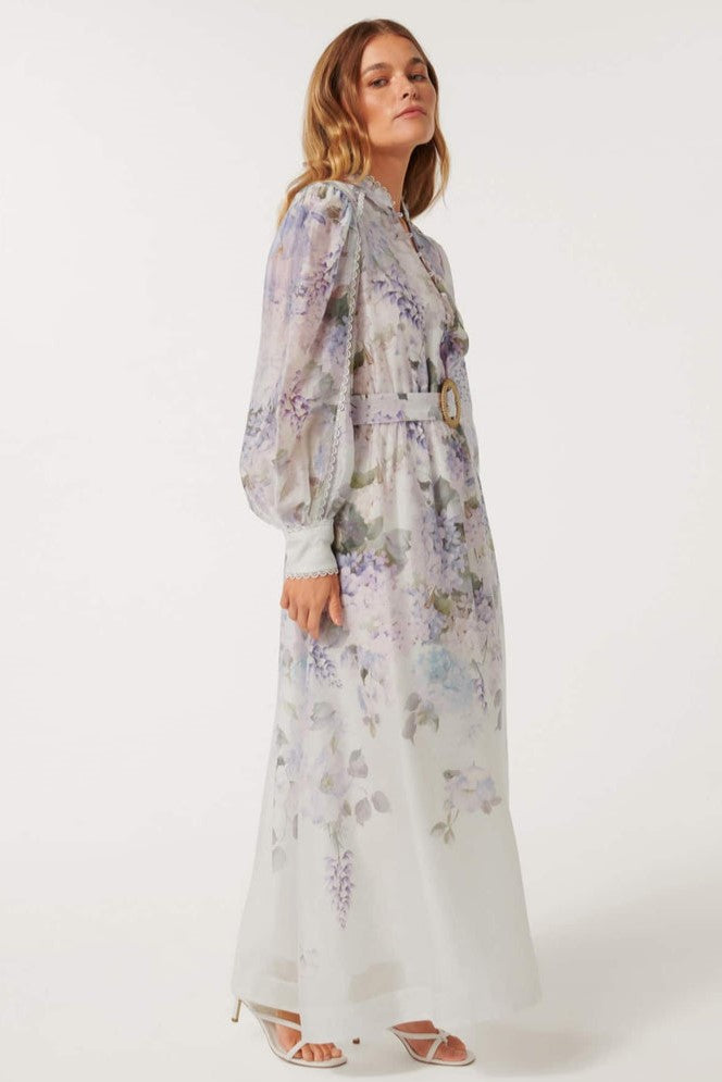 Lace Floral Button Long Sleeve Maxi Dress With Belt