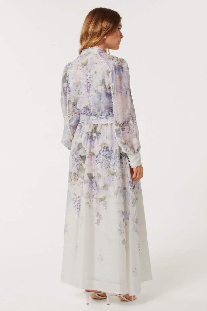 Lace Floral Button Long Sleeve Maxi Dress With Belt