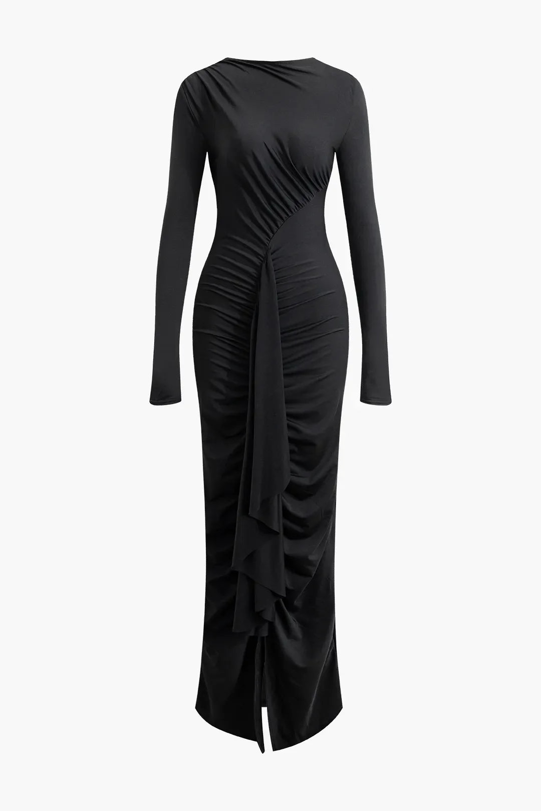 Jenna Black Slit Ruched Long Sleeve Round Neck Maxi Dress