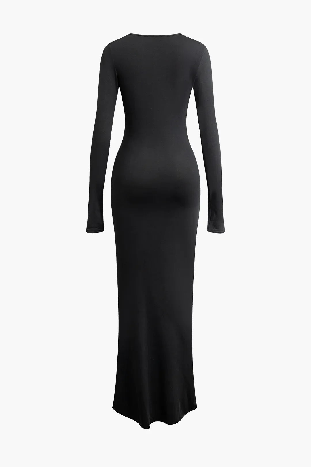 Jenna Black Slit Ruched Long Sleeve Round Neck Maxi Dress