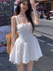 Korean Chic Summer Short Dress Women New Spaghetti Strap Solid A-line Holliday Beach Party Dresses Y2K Kawaii One Piece Vestido