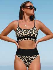 Leopard Printed Patchwork Bikini Set Women 2023 New Beachwear Spaghetti Strap Tankini Swimsuit